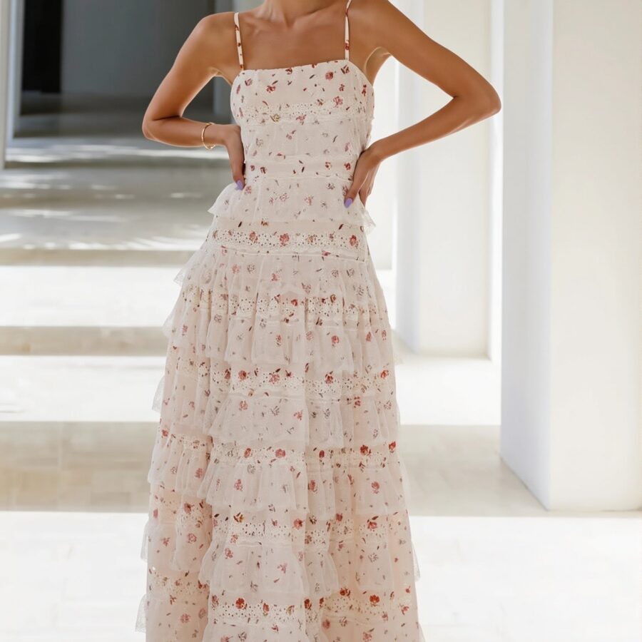 Sexy Lace Trim Print Tiered Ruffle Hem Cami Maxi Dress