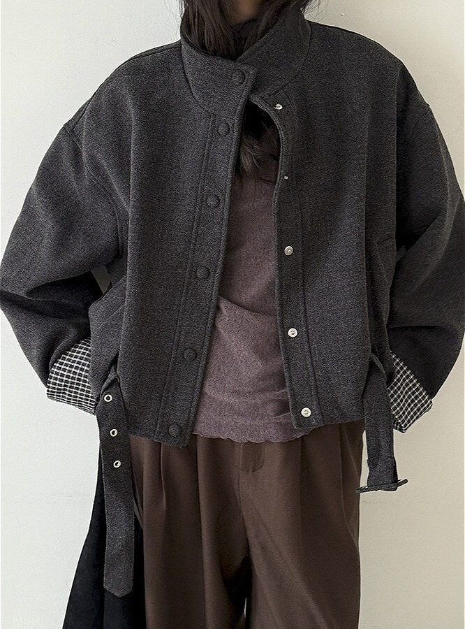 Short Cuffed Check Pieced Stand Collar Wool Coat
