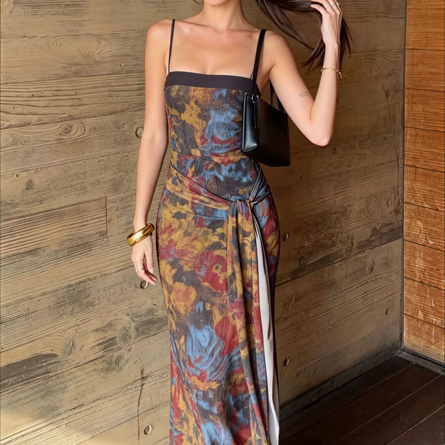 Vintage Contrast Print Cami Maxi Dress